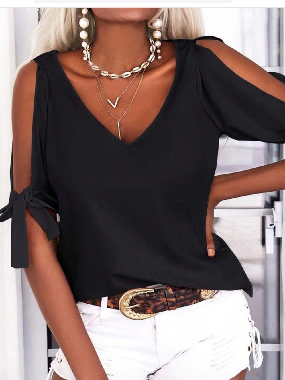 Cold-Shoulder V-Neck Black Women’s Top